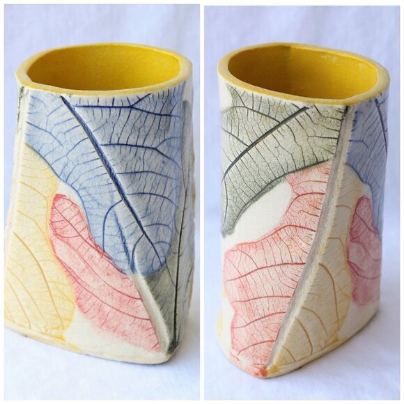 Handmade Ceramic Multicolor Pencil Holder Organic Shape leaf texture Vase unique - Picture 1 of 10